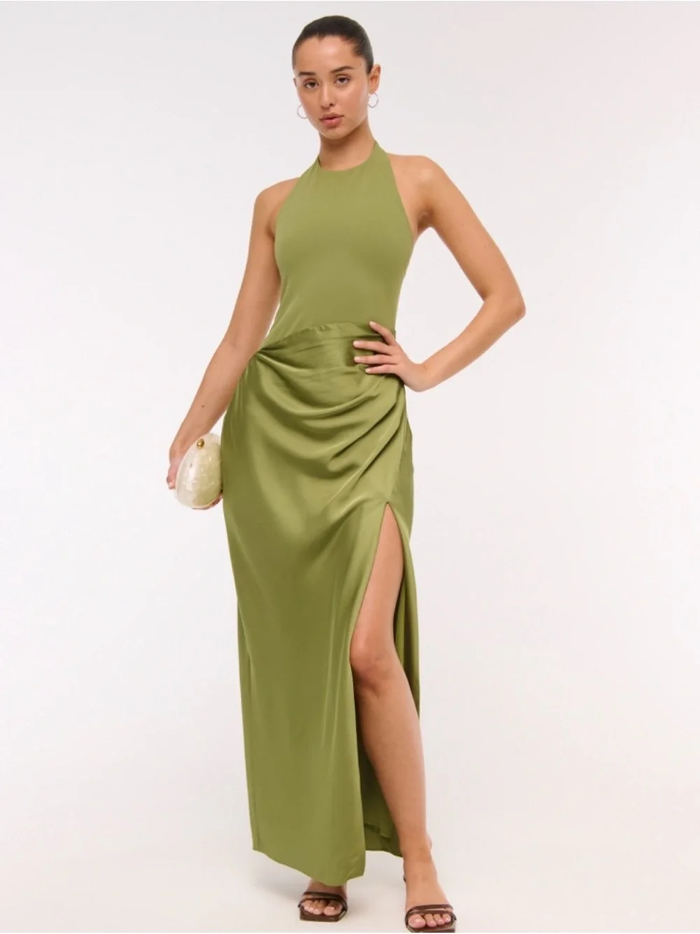 Abercrombie & Fitch Olive Halter Mixed Fabric Maxi Dress with Side Slit